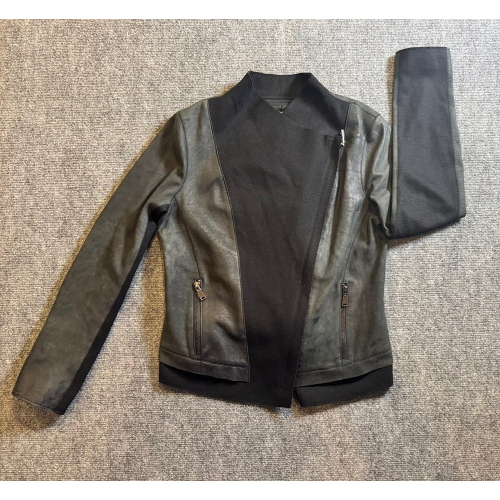 Elie Tahari Lamb Leather Moto Jacket Black Gray Asymmetric Zip Women's Medium - Picture 7 of 14